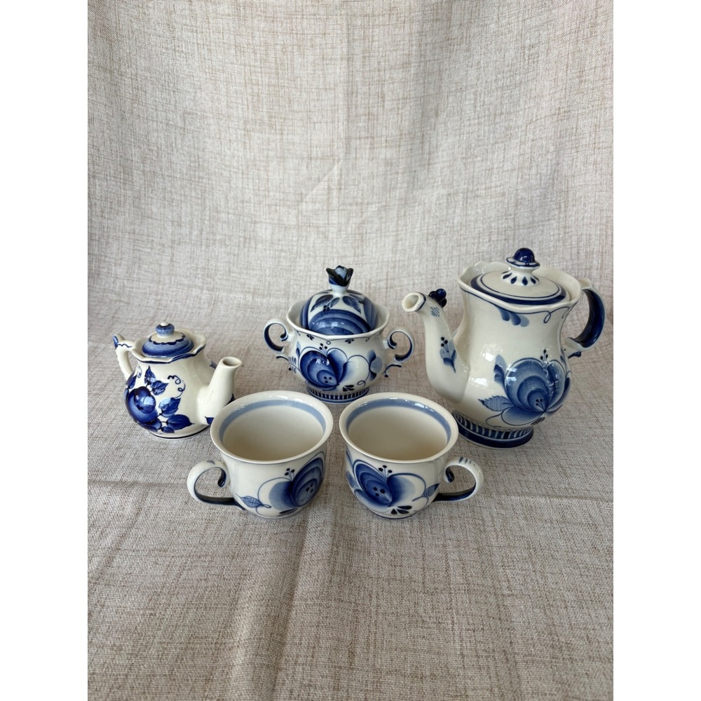 Gzhel Tea Set OS Blue Excellent Russian Porcelain Hand Painted 5pc Set